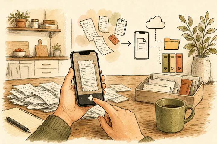 Receipts and home documents prepped for phone scanning