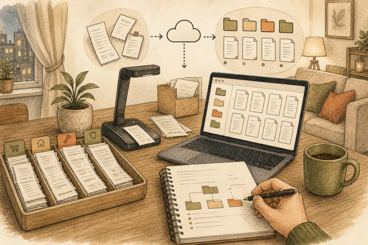 Sketch illustration of a home ritual of tidying receipts into a digital archive with folders and documents