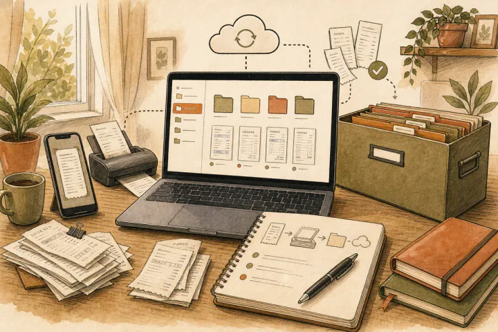 Szkicowa ilustracja laptopa z uporządkowanym archiwum faktur i zeskanowanych dokumentów domowych