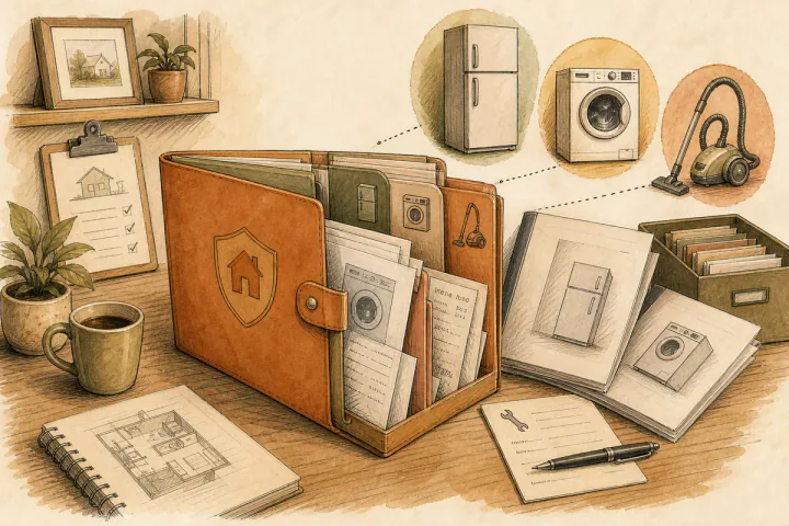 Szkicowa ilustracja jednego systemu organizacji gwarancji, paragonów i instrukcji do domowych sprzętów