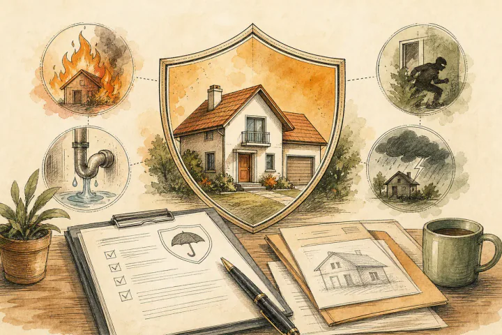 A woman reviewing insurance documents at a table — checking the scope of her home policy