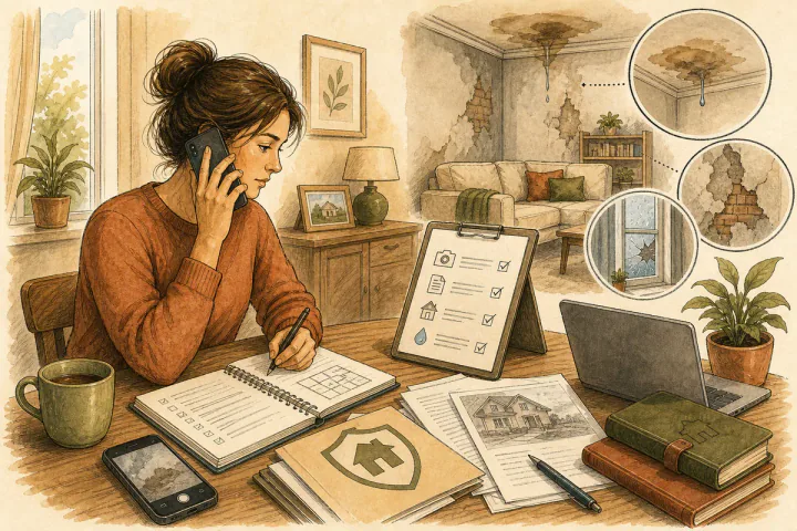 Sketch illustration of filing a home insurance claim at a desk with policy, notes and a phone