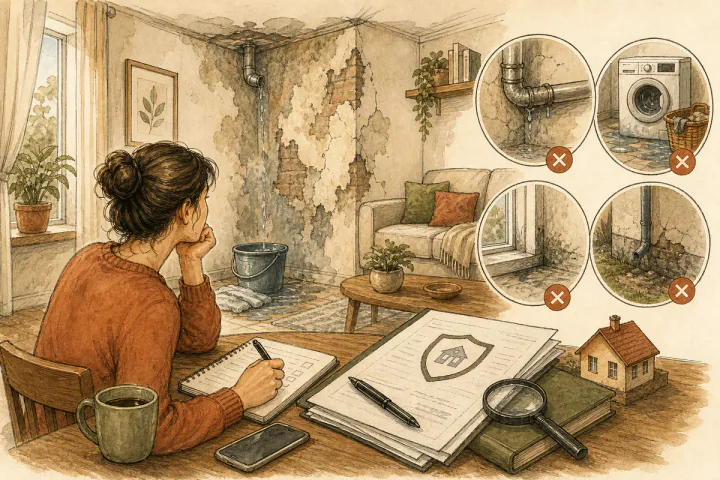 Sketch illustration of a damp wall after water damage — typical water loss reviewed against policy scope